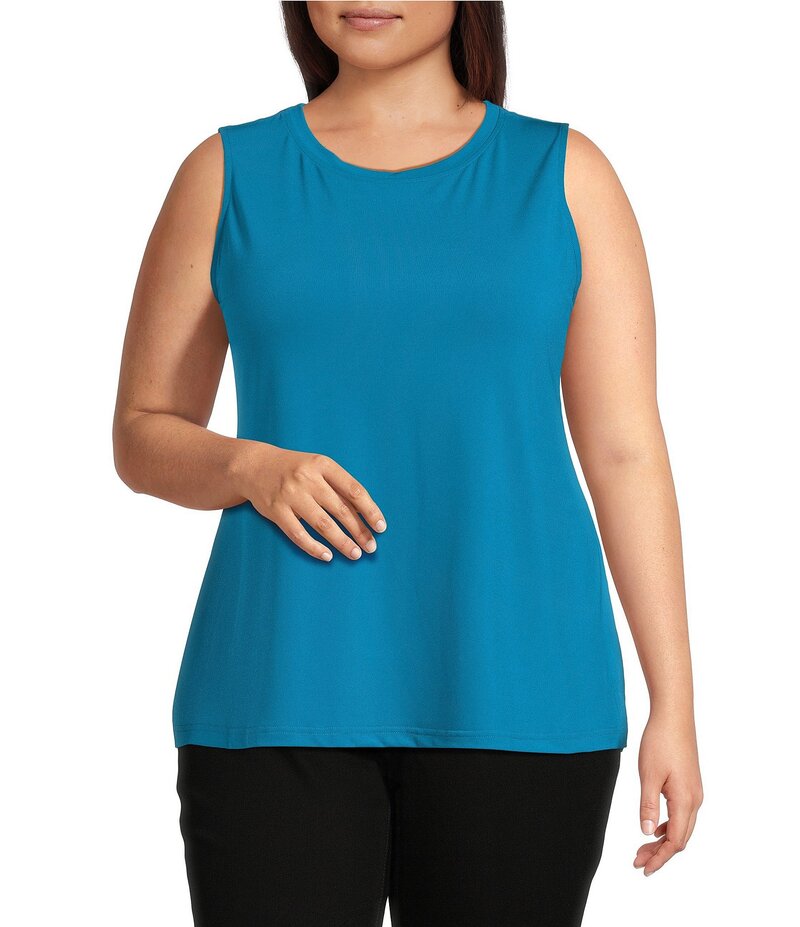 アリ マイルス レディース トップス シャツ クルーネック クレープ プラスサイズ ノースリーブ Ali Miles Plus Size Crepe Lux Crew Neck Sleeveless Tank Dark Teal ティール｜ReVida 店