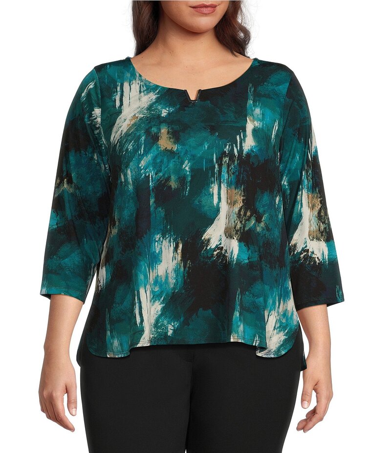カルバンクライン レディース トップス シャツ プラスサイズ プリント Calvin Klein Plus Size Printed Split Round Neck 3/4 Sleeve Hardware Detail Pullover Top Malachite Multi マルチカラー