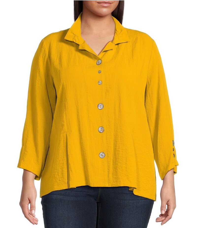 アリ マイルス レディース トップス シャツ プラスサイズ プリーツ Ali Miles Plus Size Woven Solid Wire Collar 3/4 Sleeve Pleated Hem Button Front Tunic Harvest