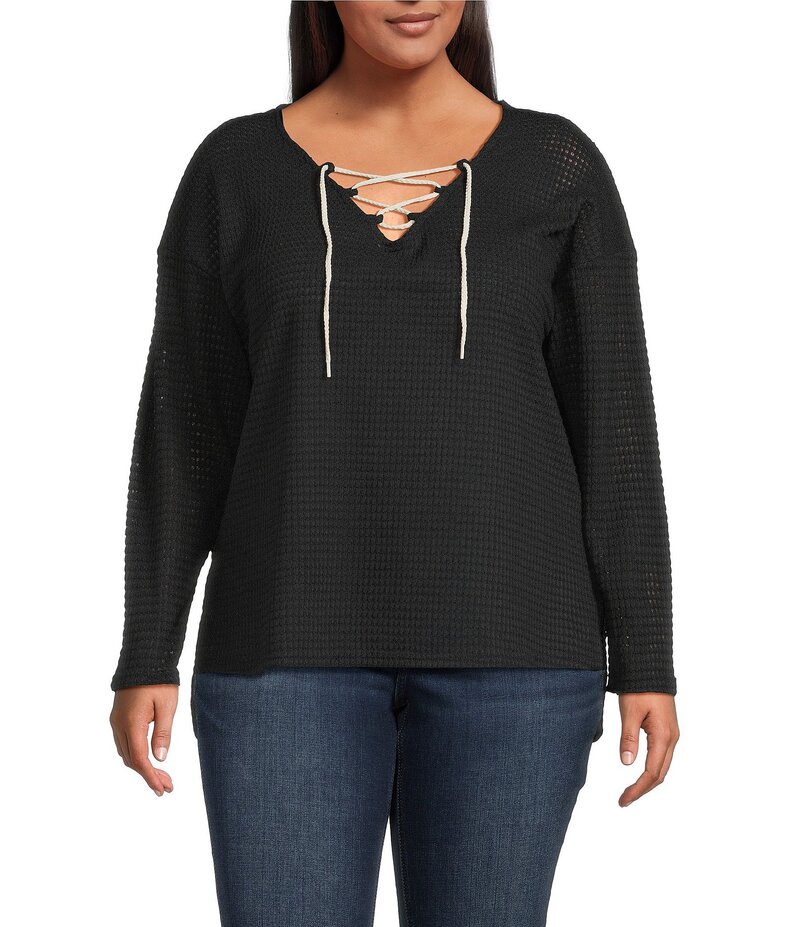 モアモア レディース トップス シャツ プラスサイズ クロップド レース Moa Moa Plus Size Long Sleeve Cropped Lace Up Top Black ブラック