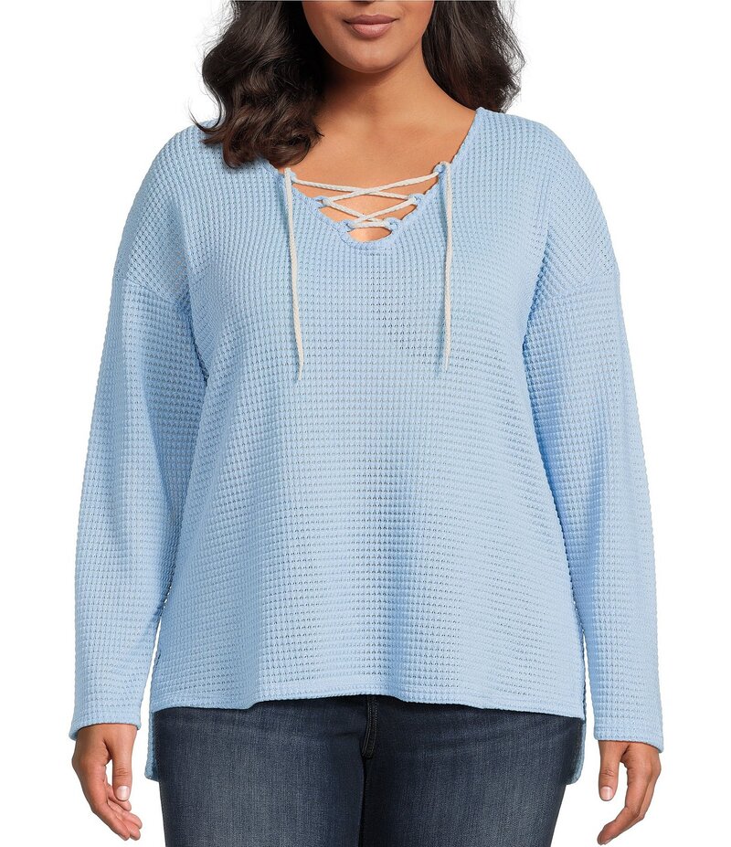 モアモア レディース トップス シャツ プラスサイズ クロップド レース Moa Moa Plus Size Long Sleeve Cropped Lace Up Top Blue ブルー|ReVida 店