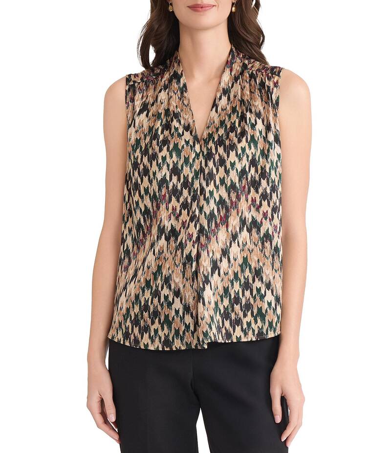 カスパール レディース トップス シャツ Vネック プチ ノースリーブ ブラウス Kasper Petite Vneck Sleeveless Blouse Dark Camel Multi キャメル｜ReVida 店 15,525円