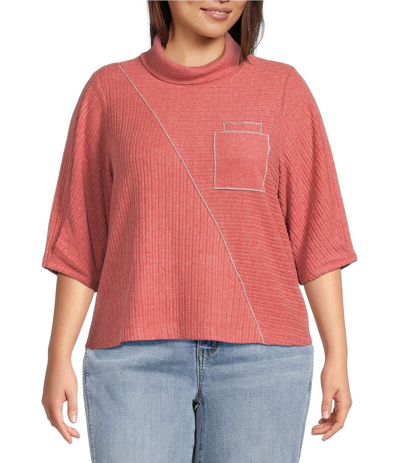 デモクラシー レディース トップス シャツ モックネック プラスサイズ プリーツ ニット Democracy Plus Size Knit Mock Neck Pleated Elbow Sleeve Chest Pocket Top Heather Bake Apple ヘザー