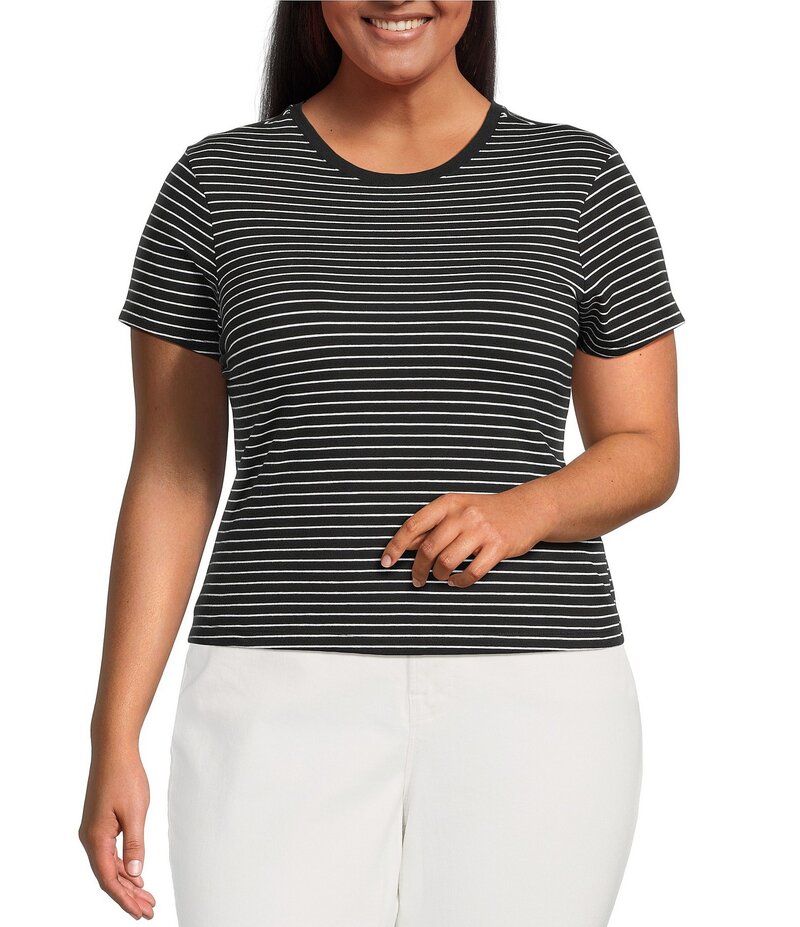 グッドアメリカン レディース トップス シャツ クルーネック プラスサイズ Tシャツ Good American Plus Super Stretch Stipe Crew Neck Short Sleeve Baby Tee Classic Stripe002