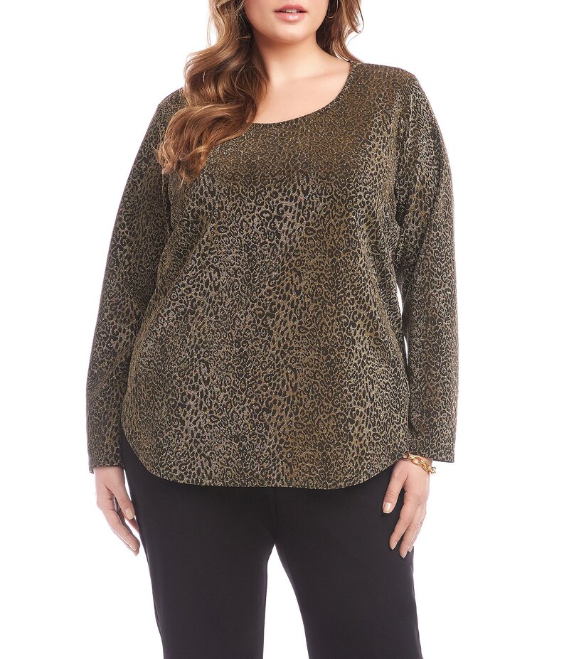 カレンケーン レディース トップス シャツ プラスサイズ トール ニット Karen Kane Plus Size Metallic Jacquard Knit Leopard Scoop Neck Long Sleeve Top Leopard アニマル