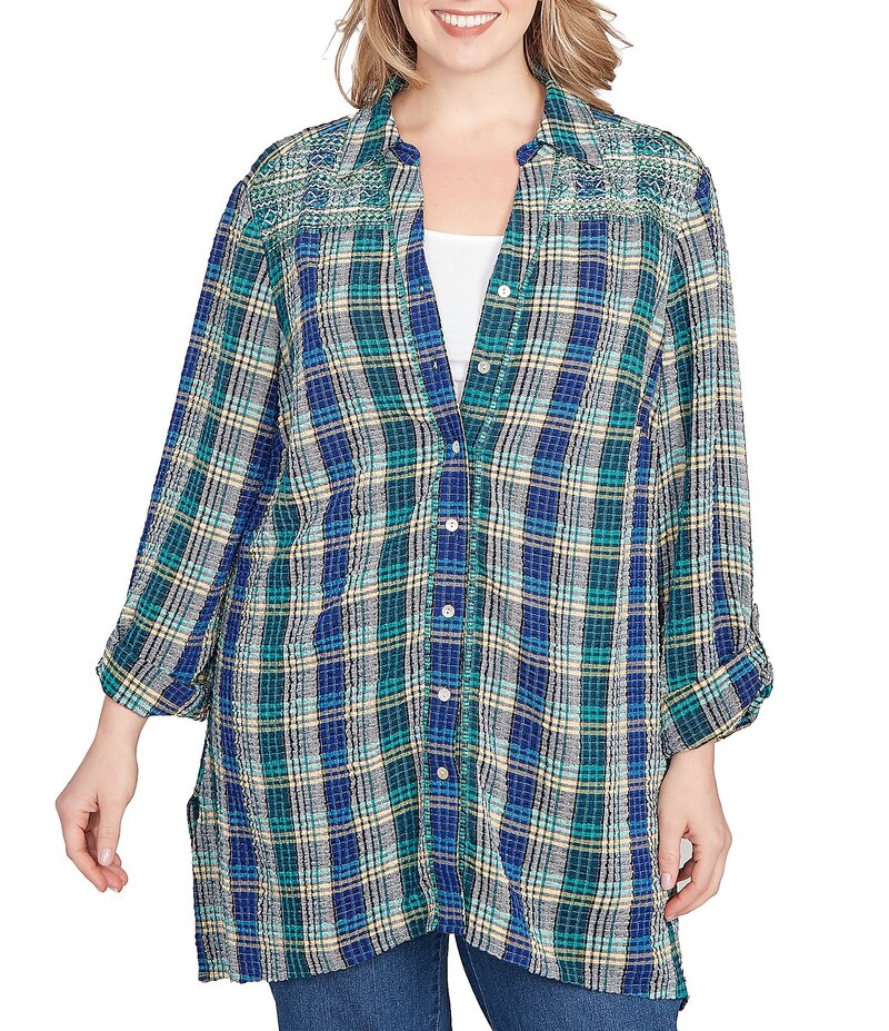 ルビーアールディー レディース トップス シャツ Vネック プラスサイズ Ruby Rd. Plus Size Crinkle Woven Plaid Collared V-Neck Long Roll-Tab Sleeve Button-Front Shirt Teal Multi ティール