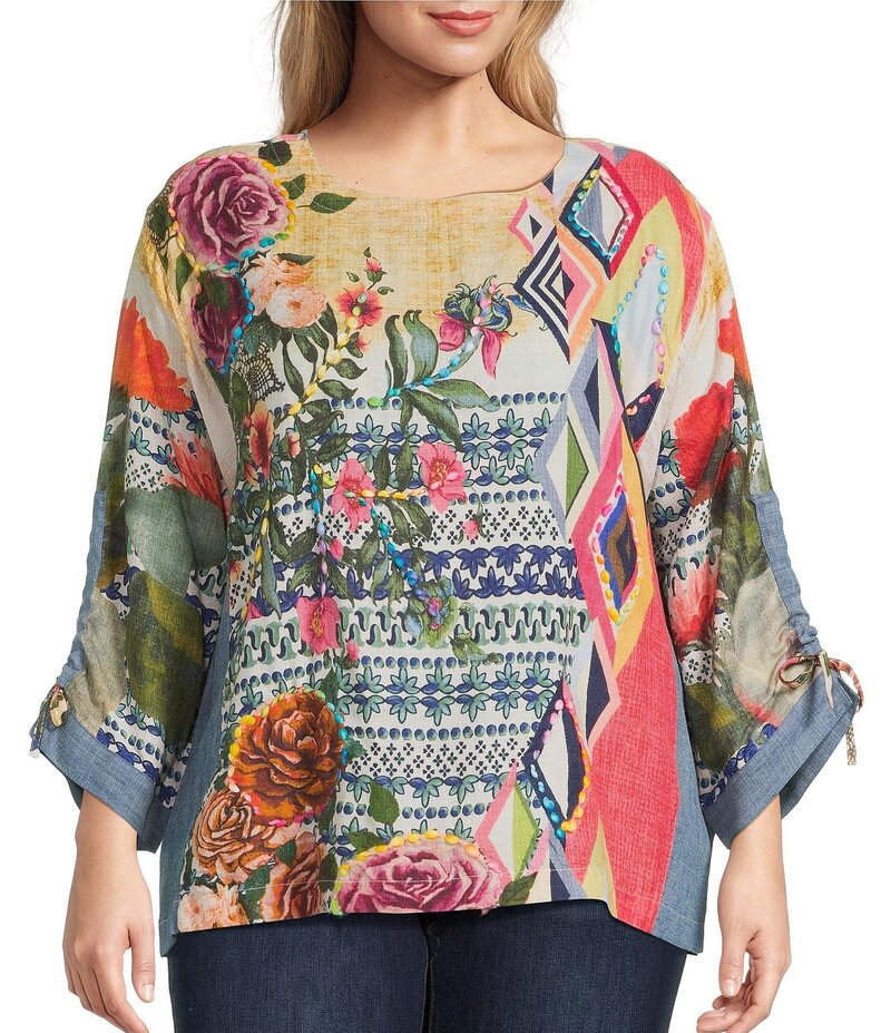 ジョン マーク レディース トップス シャツ フラワー柄 プラスサイズ プリント ウール フラワー John Mark Plus Size Geometric Floral Border Print Wool Blend Scoop Neck 3/4 Cinched Tie Sleeve Tunic Multi マルチカラー