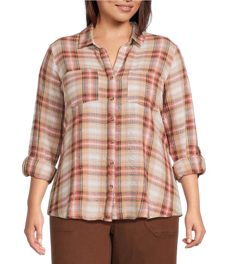 イントロ レディース トップス シャツ プラスサイズ Intro Plus Size Woven Pucker Plaid Wood Thrush Point Collar 3/4 Rolled-Tab Sleeve Button Front Shirt Wood Thrush チェック