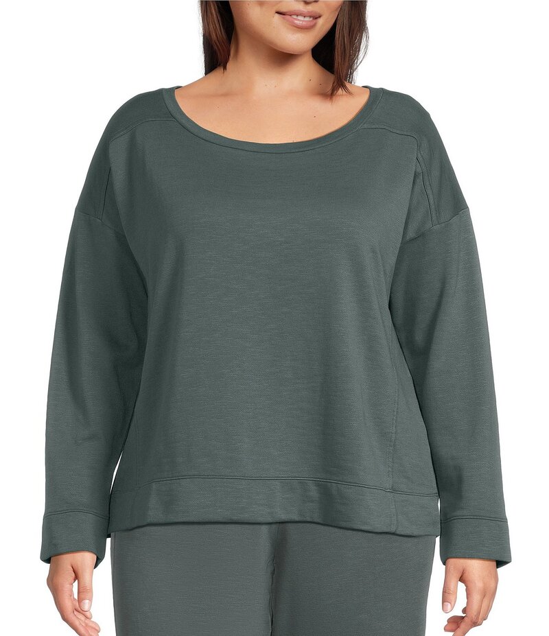 エイリーンフィッシャー レディース トップス シャツ プラスサイズ パイル Eileen Fisher Plus Size Organic Coton Garment Dyed Terry Ballet Neck Long Sleeve Box Top Everglade