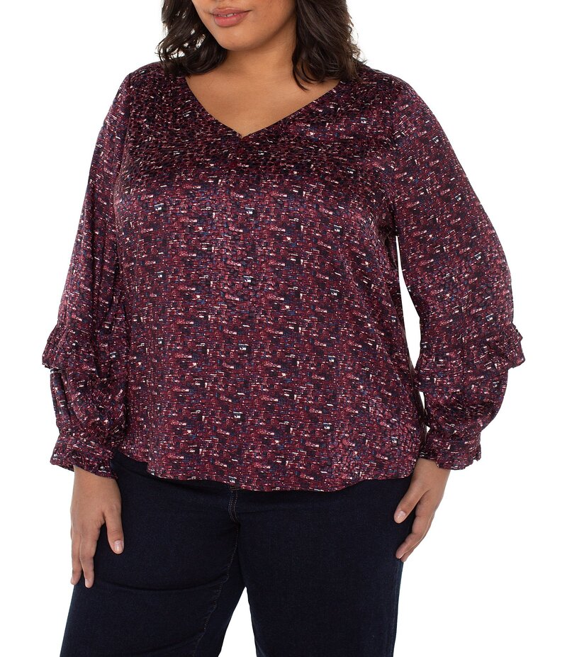 リヴァプール ロサンゼルス レディース トップス シャツ Vネック プラスサイズ プリント ブラウス Liverpool Los Angeles Plus Size Jacquard Abstract Dot Print V-Neck Long Sleeve Blouse Burgundy Multi バーガンディ