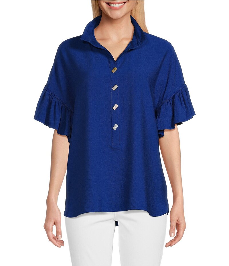 ジョン マーク レディース トップス シャツ John Mark Point Collar Short Sleeve Button Front Top Cobalt コバルト 22,260円
