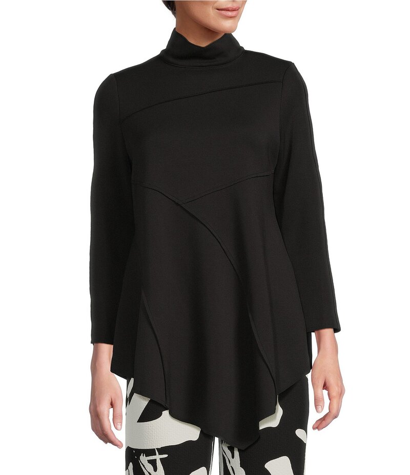 アイシーコレクション レディース トップス Tシャツ モックネック クレープ ニット IC Collection Soft Knit Crepe Mock Neck Long Sleeve Top Black ブラック｜ReVida 店