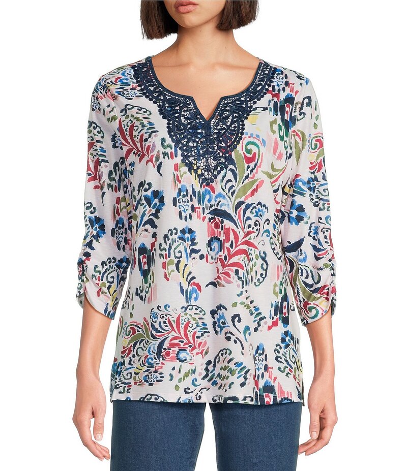 アリソン デイリー レディース トップス シャツ レース ニット Allison Daley Flowery Ikat 3/4 Sleeve Split Round Neck Lace Detail Knit Top Indigo Flowery Ikat インディゴ 7,489円