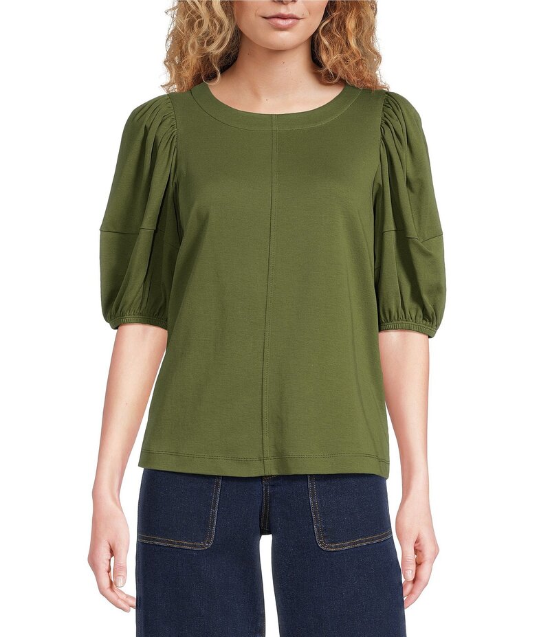 ギブソンアンドラティマー レディース トップス シャツ クルーネック Tシャツ ニット Gibson & Latimer Knit Crew Neck 3/4 Puff Sleeve Tee Shirt Deep Moss|ReVida 店