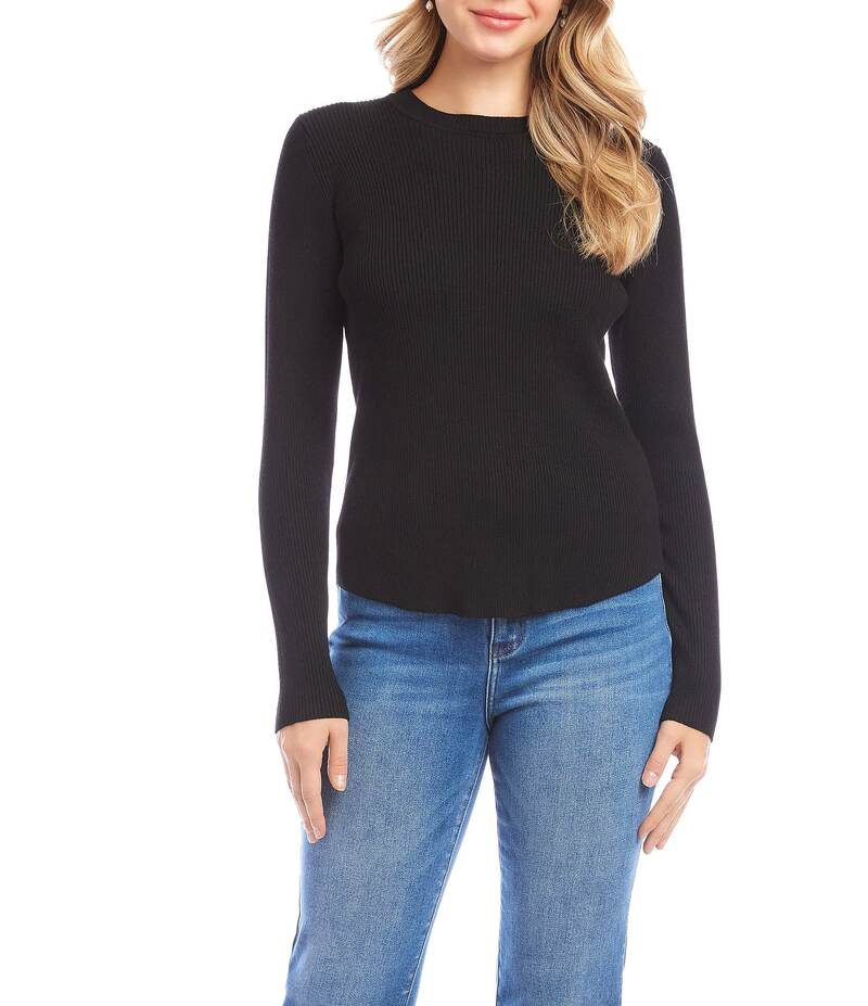 カレンケーン レディース トップス シャツ クルーネック リブ ニット Karen Kane Ribbed Knit Crewneck Long Sleeve Top Black ブラック
