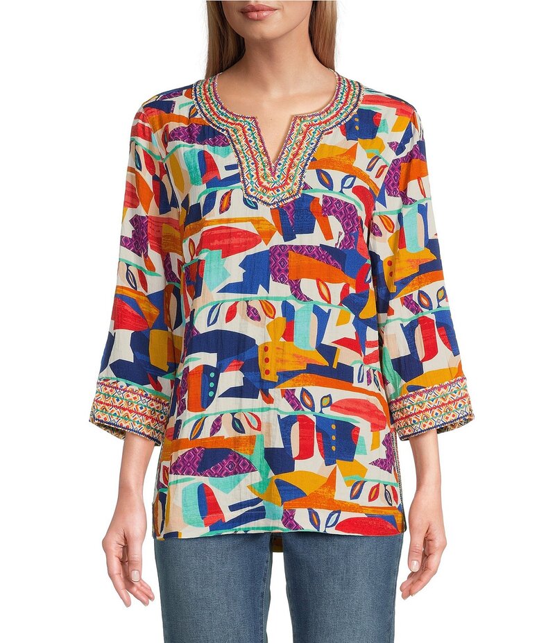 ジョン マーク レディース トップス シャツ Vネック プリント 刺繍 John Mark Geometric Abstract Print Embroidered Split V-Neck 3/4 Sleeve Tunic Geometric Multicolor マルチカラー