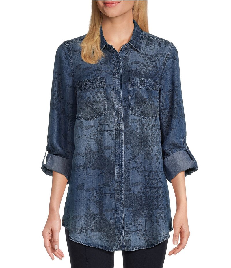 イントロ レディース トップス シャツ プリント Intro Lyocell Slub Abstract Print Point Collar Long Roll-Tab Sleeve Shirt Medium Blue Wash ブルー