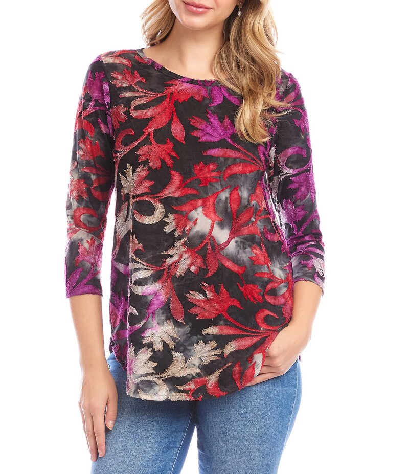 カレンケーン レディース トップス シャツ フラワー柄 ベルベット フラワー Karen Kane Floral Velvety Burnout Tie-Dye Scoop Neck 3/4 Sleeve Top Tie-Dye
