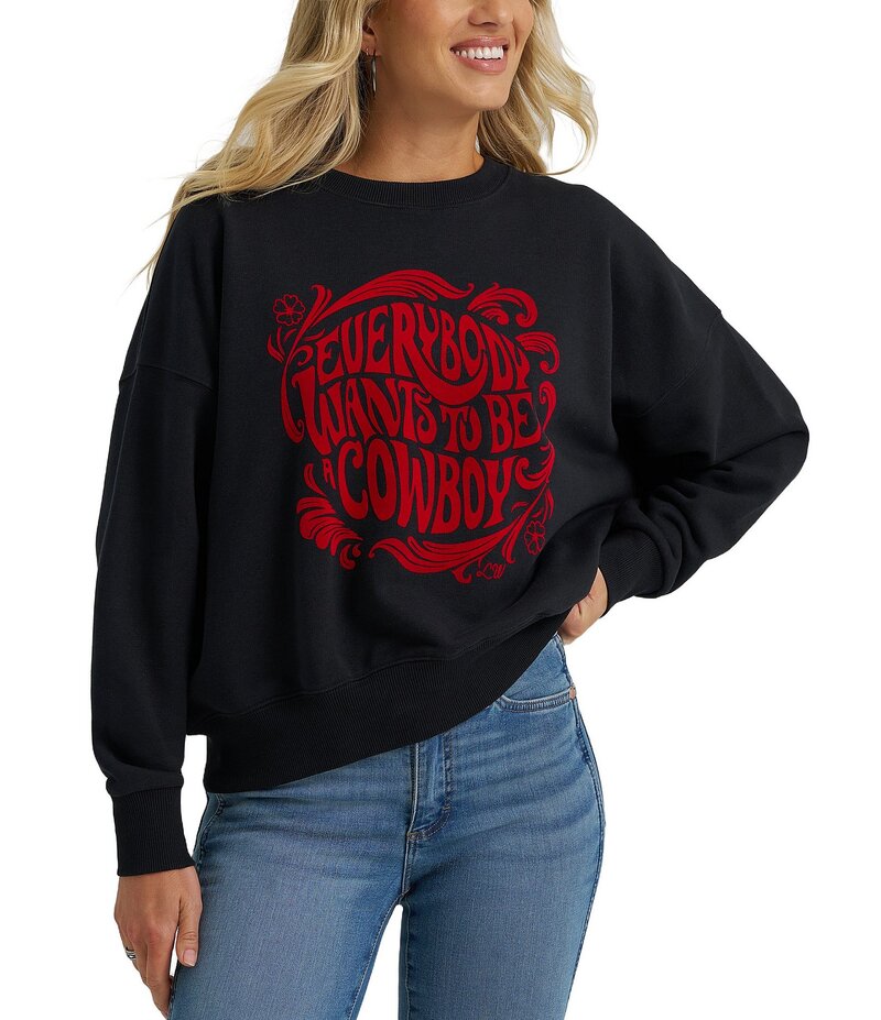 ラングラー レディース トップス Tシャツ クルーネック シャツ WranglerR Long Sleeve Crew Neck Everybody Wants To Be A Cowboy T-Shirt Black ブラック