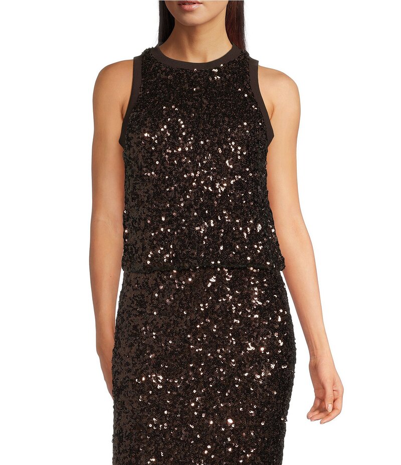 マレーラ レディース トップス Tシャツ クルーネック スパンコール ノースリーブ Marella Filly Coordinating Sequin Crew Neck Sleeveless Top Brown ブラウン