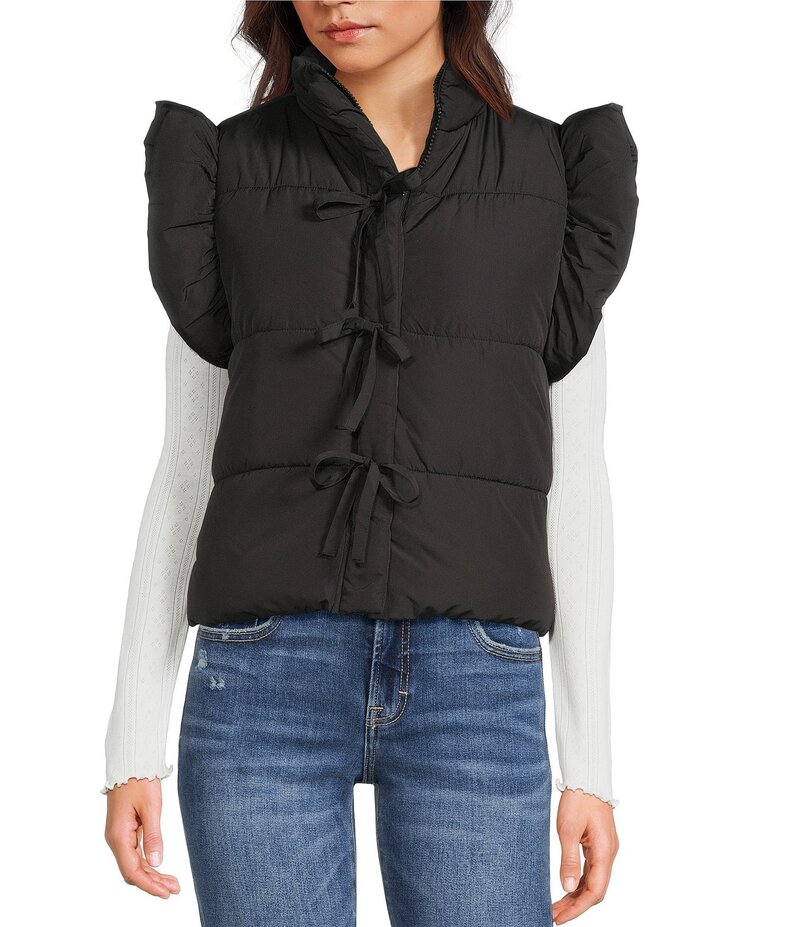 ブルーペッペーブルーペッパー レディース アウター 限りない Blu Pepper Flutter Sleeve Bow Detail Zip-Up Puffer Vest Black 黒いこと