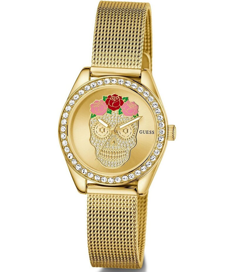 ゲス レディース アクセサリー 腕時計 メッシュ Tシャツ Guess Women's Day Of The Dead Analog Gold Tone Stainless Steel Mesh Bracelet Watch Gold ゴールド