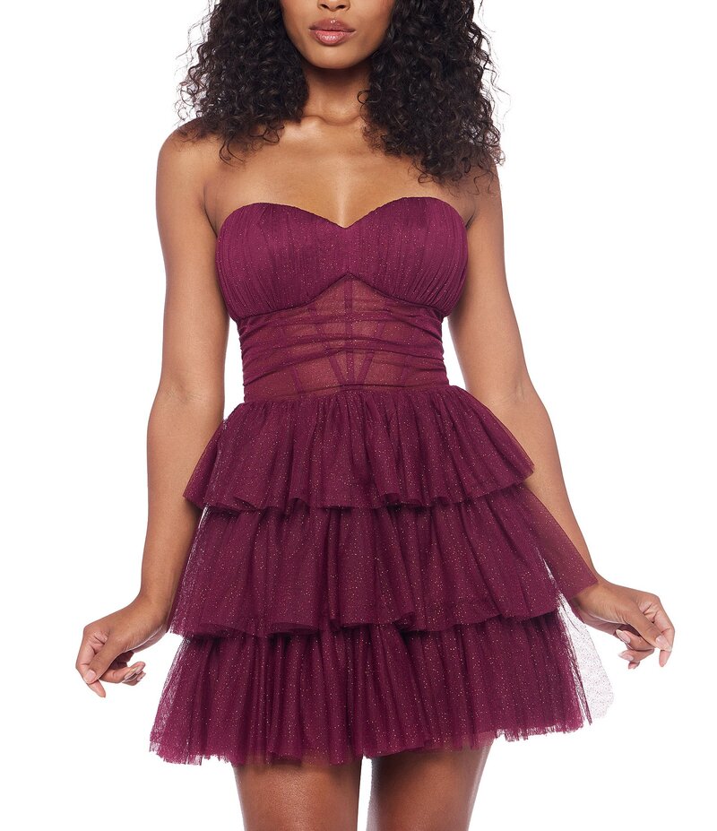ビーダーリン レディース トップス ワンピース フリル ストラップレス B. Darlin Glitter Strapless Sweetheart Neck Illusion Bodice Layered Ruffle Dress Wine ワイン