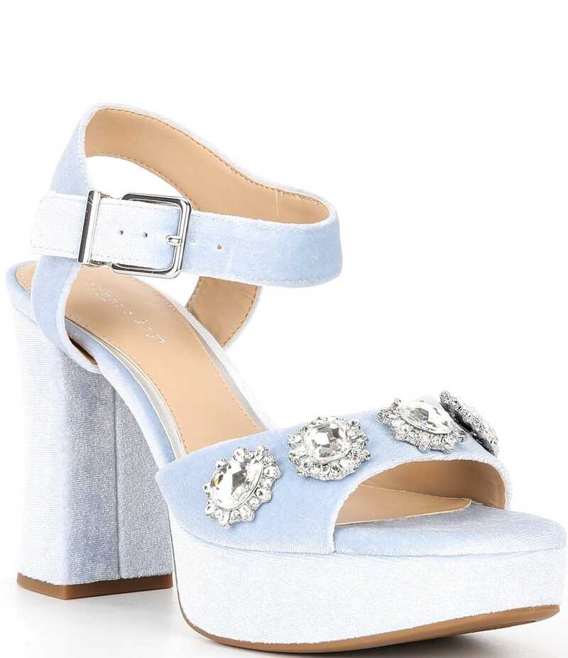 カッパーキー レディース シューズ サンダル プラットフォーム ベルベット Copper Key Celleste Two Velvet Jewel Embellished Platform Dress Sandals Ocean|ReVida 店
