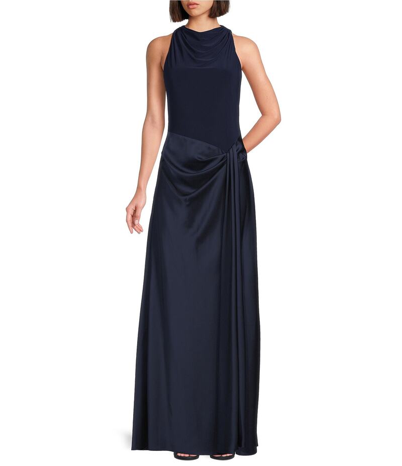 ベッツィアンドアダム レディース トップス ワンピース ギャザー サテン ホルター Betsy & Adam Halter Cowl Neck Ruched Satin Faux Wrap Gown Navy ネイビー