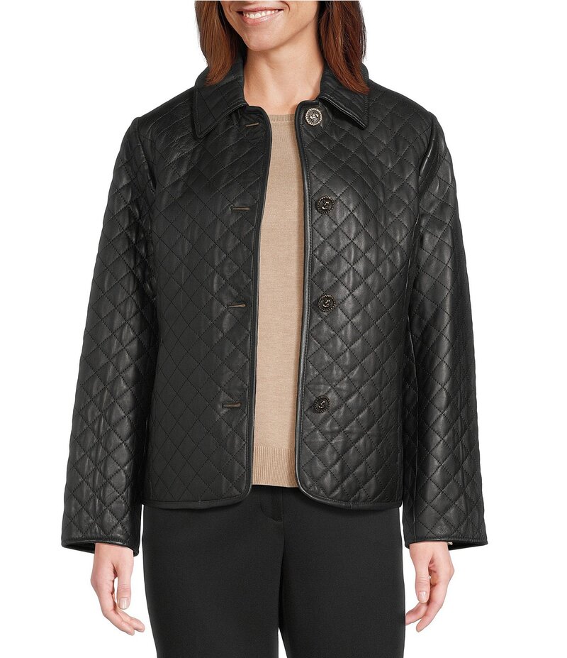 インベストメンツ レディース アウター コート キルティング レザー ジャケット Investments Platinum Suiting Quilted Genuine Lamb Leather Point Collar Button Front Long Sleeve Jacket Black ブラック
