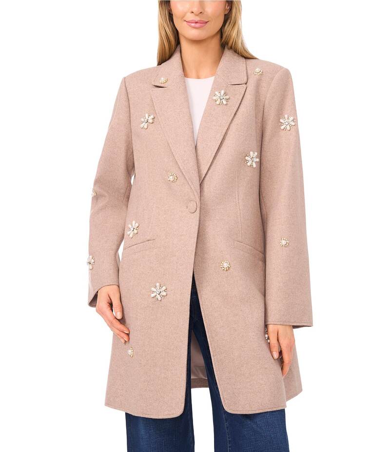 セセ レディース アウター コート CeCe Peak Lapel Long Sleeve Embellished Single Breasted Coat Safari