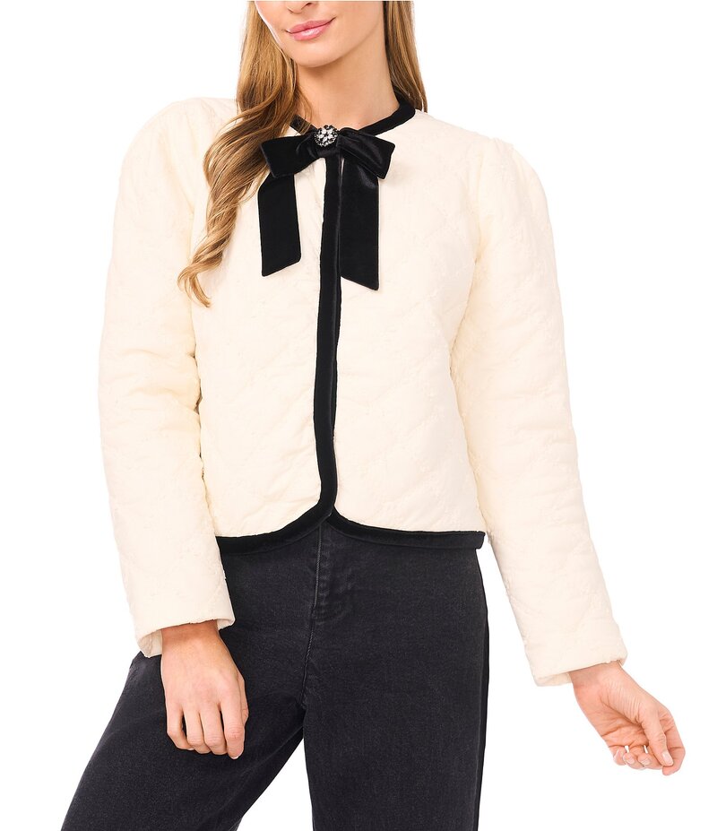 セセ レディース アウター コート キルティング コントラスト ジャケット CeCe Quilted Round Bow Neck Long Sleeve Contrast Trim Jacket New Ivory アイボリー｜ReVida 店