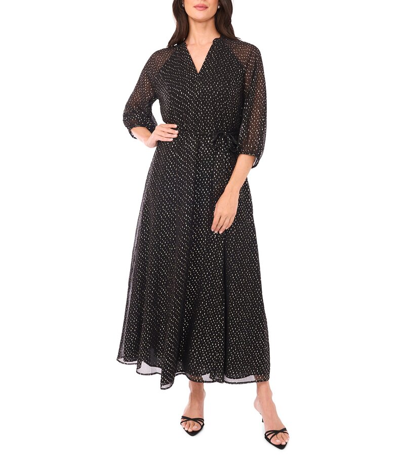 ヴィンスカムート レディース トップス ワンピース Vネック マキシワンピース メッシュ マキシ Vince Camuto Lurex Dotted Mesh V-Neck Long Sleeve Maxi Dress Rich Black ブラック