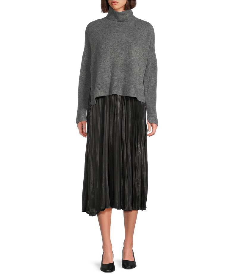 ヴィンスカムート レディース トップス ワンピース タートルネック ミディワンピース ミディ Vince Camuto Turtleneck Long Sleeve Twofer Slip Midi Dress Salt N Pepper