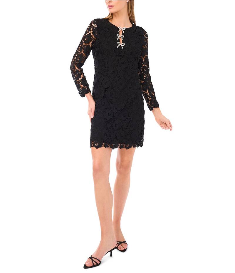 セセ レディース トップス ワンピース Vネック レース CeCe V-Neck Long Sleeve Lace Bow Dress Rich Black ブラック