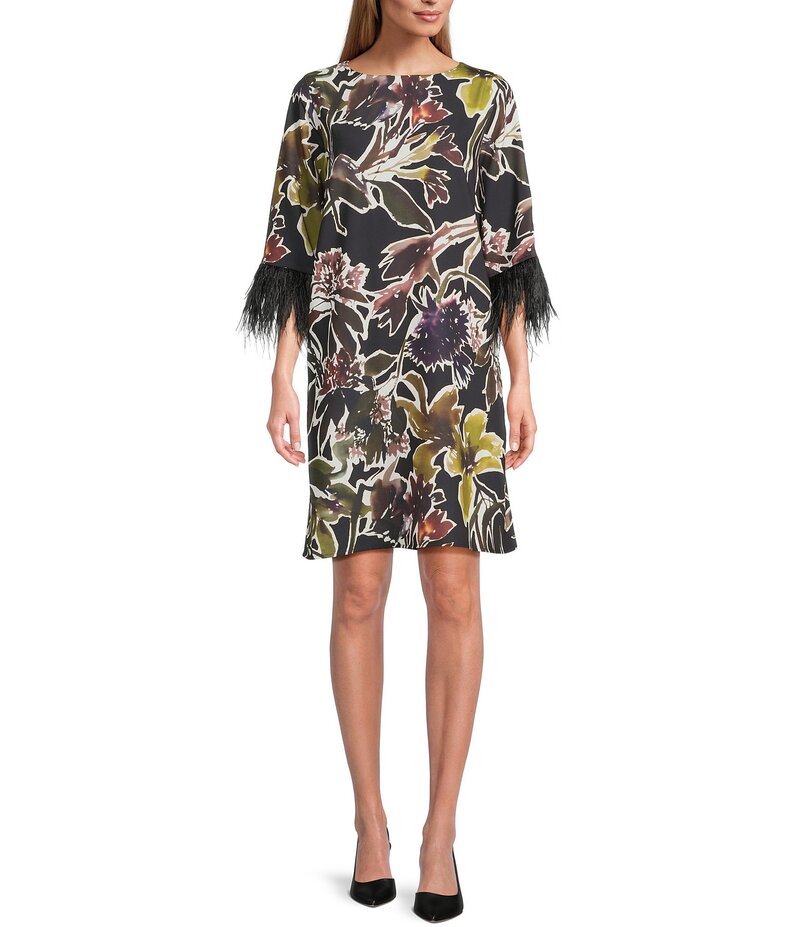 キャロライン ローズ レディース トップス ワンピース クレープ フラワー柄 プリント フラワー Caroline Rose Floral Print Crepe Scoop Neck 3/4 Sleeve Feather Trim Dress Multi Black ブラック