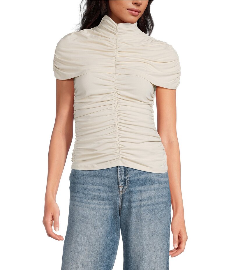 スサナモナコ レディース トップス シャツ モックネック オーバーレイ Susana Monaco Mock Neck Overlay Short Sleeve Gathered Top Blanched Almond