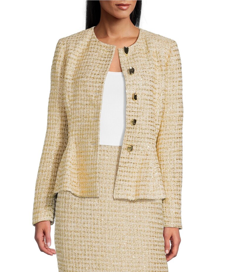 プレストンアンドヨーク レディース アウター 厚地の外套 ツィード 上衣 Preston \u0026 York Quinn Round Neckline Long Sleeve Tinsel Tweed Jacket Gold ゴールド