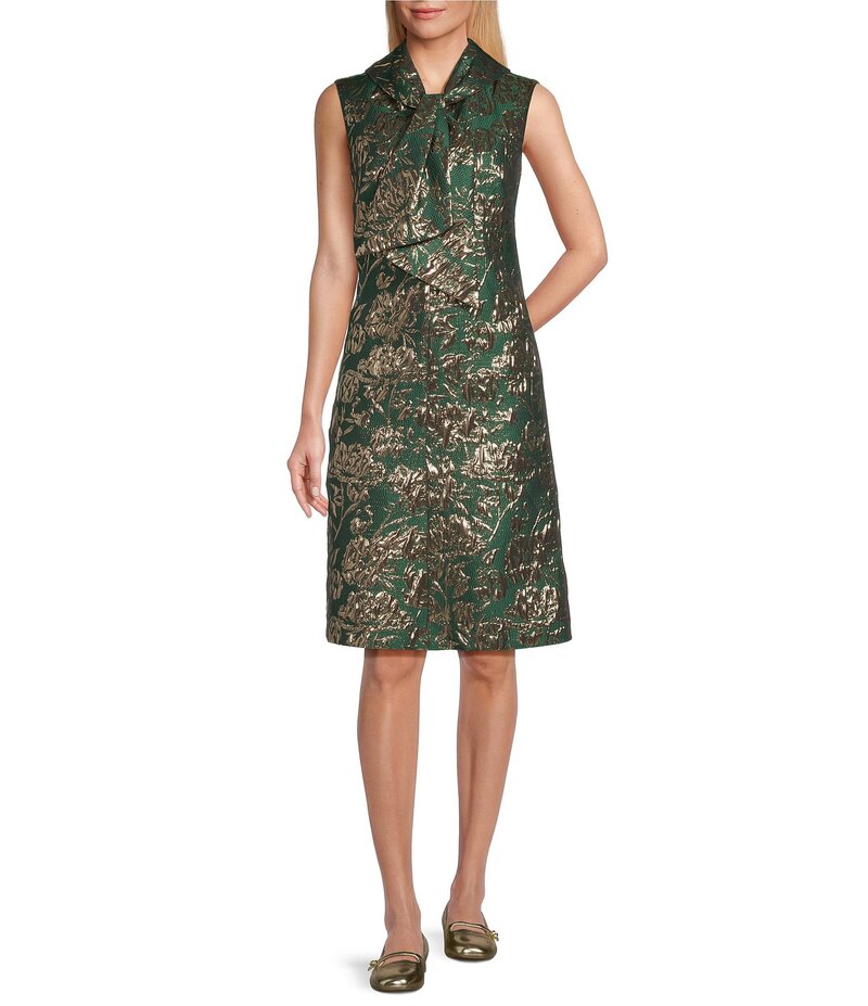 プレストンアンドヨーク レディース トップス ワンピース トール Preston & York Tallulah Tie Neck Sleevless Metallic Jacquard Dress Hunter/Gold ゴールド