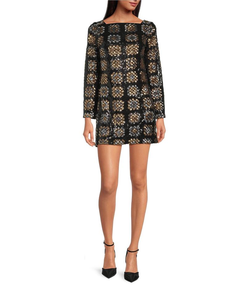 チェルシーアンドバイオレット レディース トップス ワンピース ミニワンピース ミニ スパンコール Chelsea & Violet Twiggy Straight Neck Long Sleeve Check Sequin Mini Dress Black/Gold ブラック 15,466円