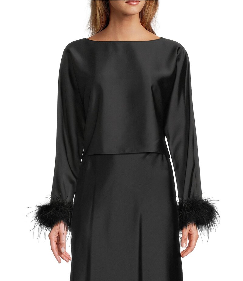 アントニオ メラーニ レディース トップス シャツ サテン ブラウス Antonio Melani Blyss Drapey Satin Boat Neck Long Sleeve Feather Cuff Blouse Black ブラック｜ReVida 店