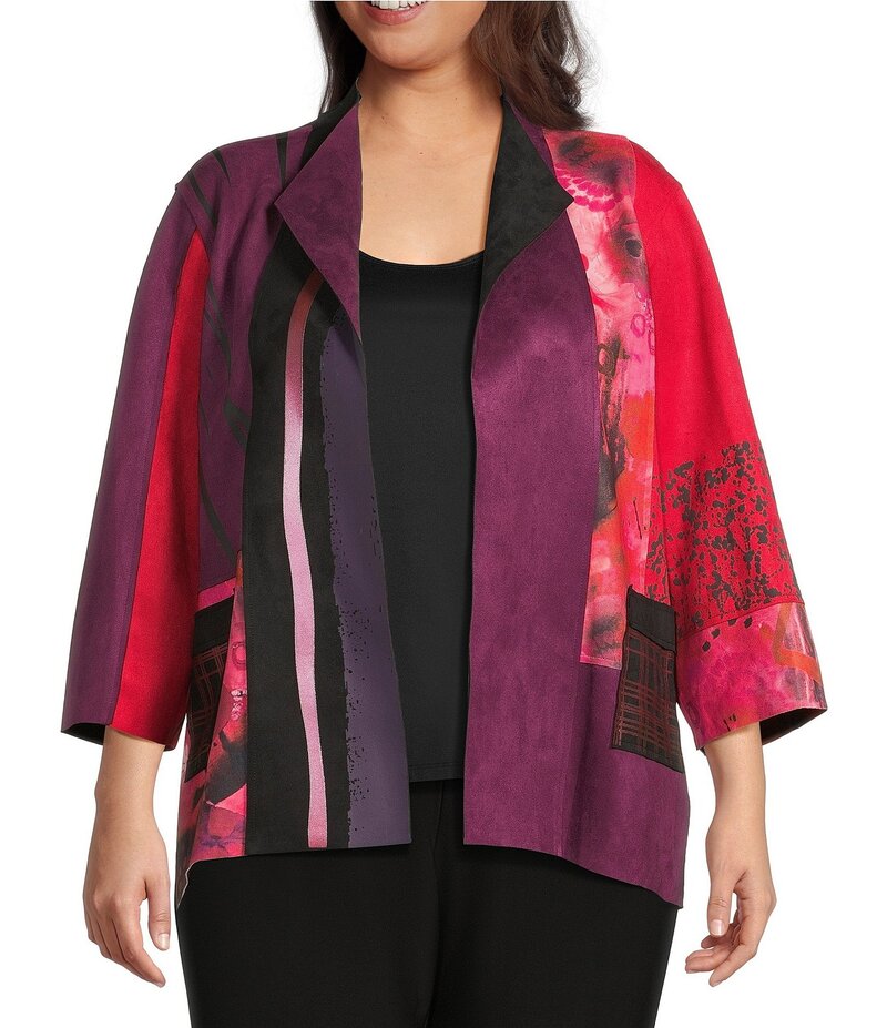 アリ マイルス レディース アウター コート プラスサイズ プリント ニット ジャケット Ali Miles Plus Size Abstract Print Knit Lapel Collar 3/4 Sleeve Hi-Low Hem Jacket Multi マルチカラー｜ReVida 店
