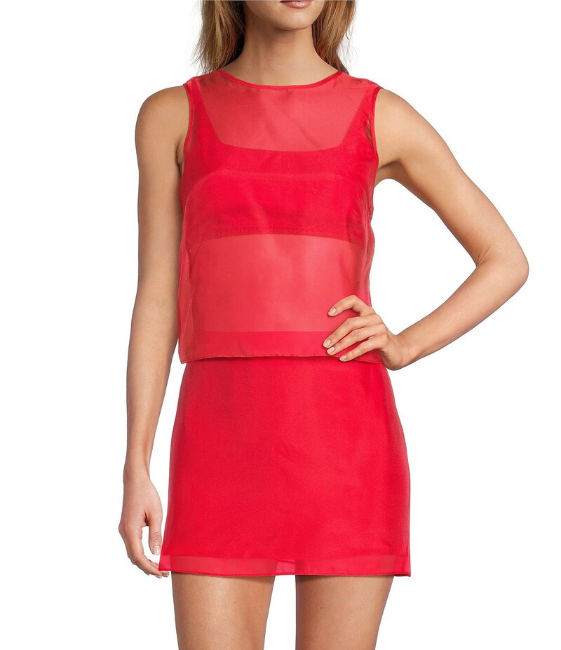 ジャンビニ レディース トップス シャツ クルーネック シアー ノースリーブ ブラウス Gianni Bini Allegra Crew Neck Sleeveless Coordinating Sheer Organza Blouse Cherry