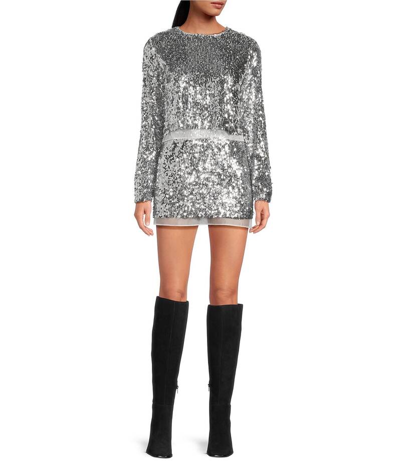 ジャンビニ レディース トップス シャツ ミニ スパンコール スカート ブラウス Gianni Bini Cassidy Two Piece Sequin Long Sleeve Blouse & Mini Skirt Set Silver シルバー