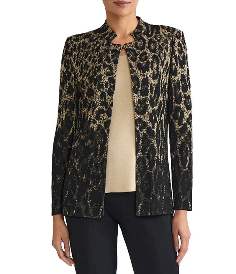 ミンウォン レディース アウター コート プリント ニット ジャケット Ming Wang Lurex Leopard Print Jacquard Knit Notch Long Sleeve Jacket Black/Gold ブラック