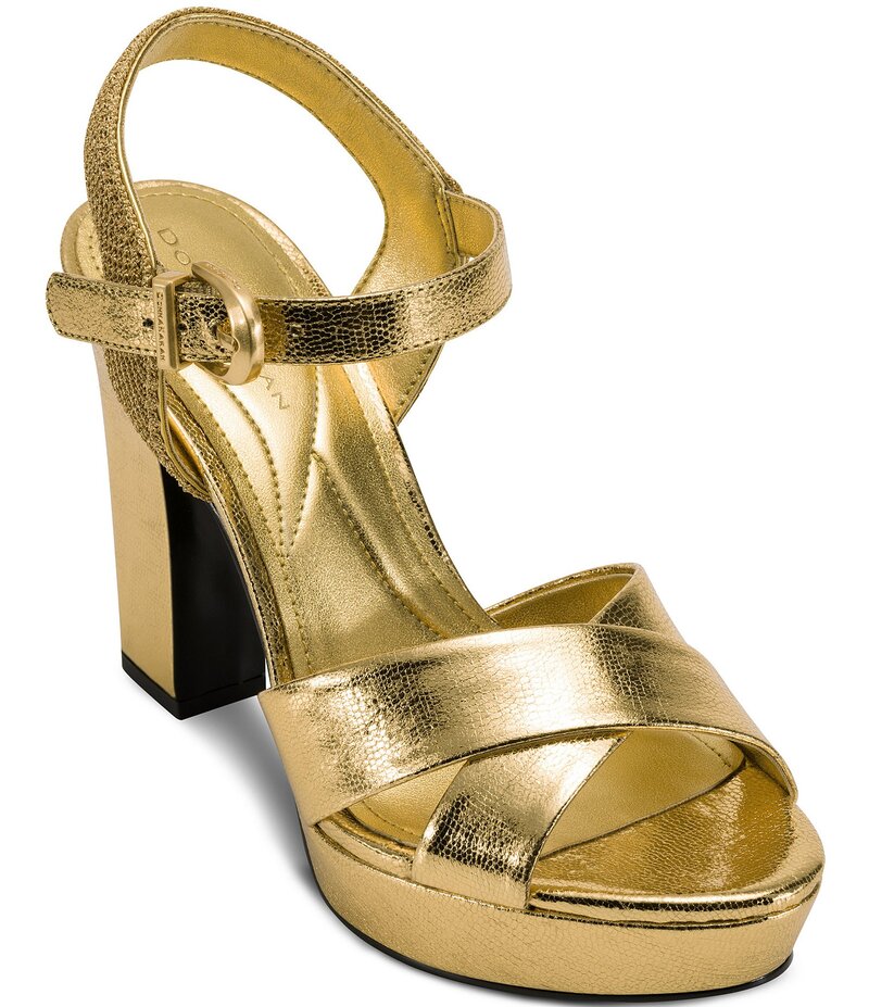 ダナキャラン レディース シューズ サンダル プラットフォーム トール ヒール Donna Karan Stefania Metallic Lizard Embossed Platform Block Heel Sandals Gold ゴールド|ReVida 店