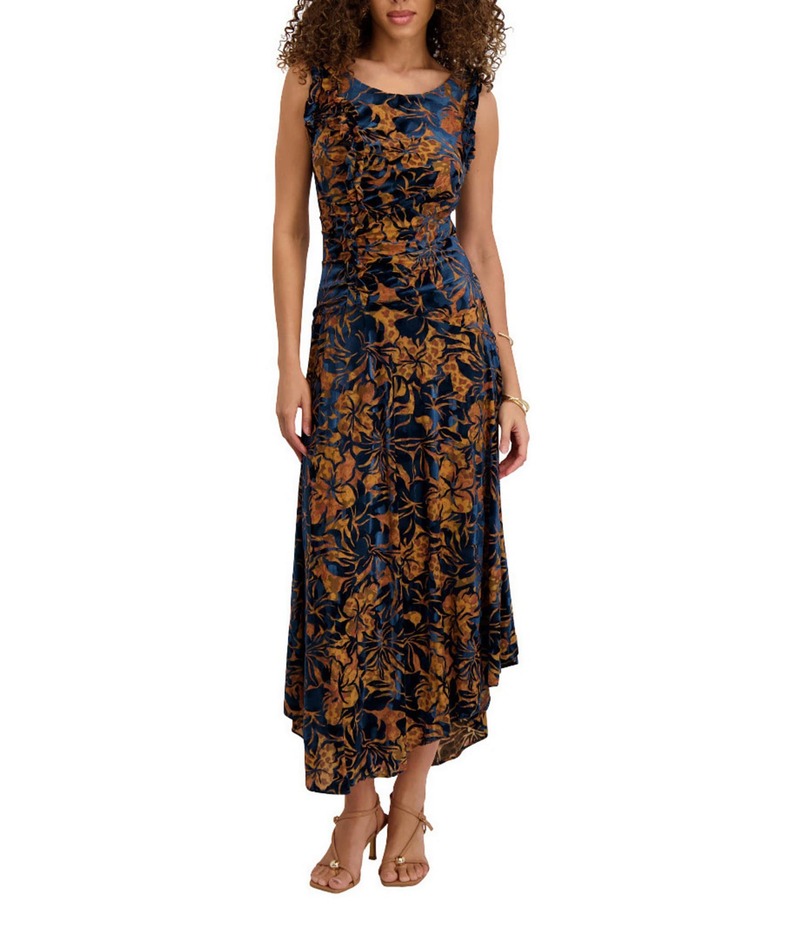 ケンジー レディース トップス ワンピース フラワー柄 ベルベット ノースリーブ フラワー Kensie Floral Velvet Burnout Crew Neckline Sleeveless Sheath Dress Gold/Teal ティール
