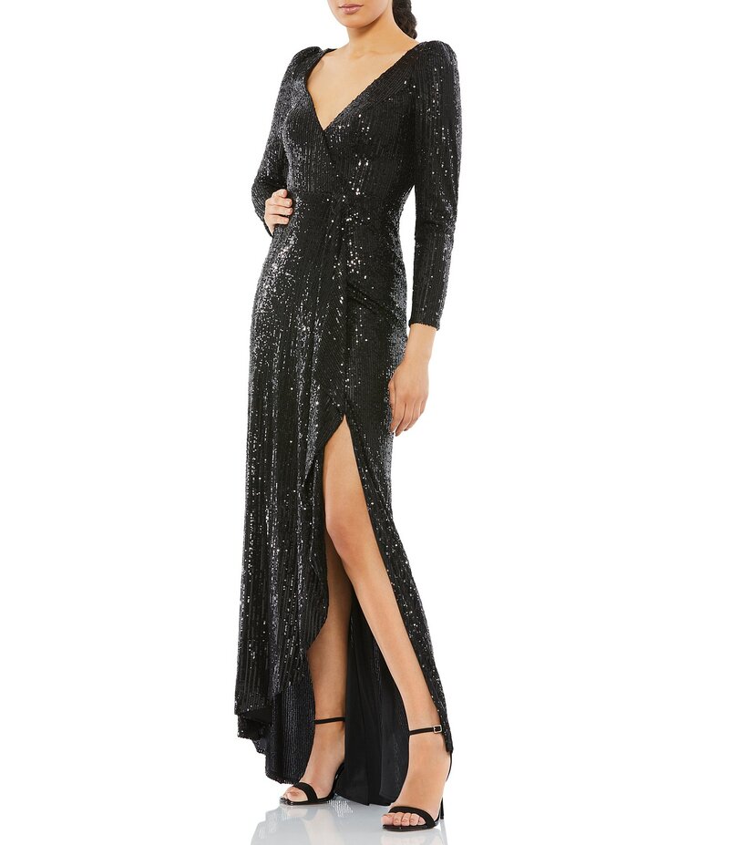マックダガル レディース トップス ワンピース A ライン スパンコール Mac Duggal Sequin Wrap Long Sleeve A-Line Gown Black ブラック