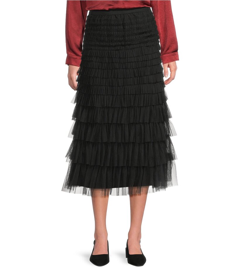 ジョン マーク レディース ボトムス スカート チュール ティアード A ライン John Mark A-Line Tiered Tulle Pull-On Skirt Black ブラック