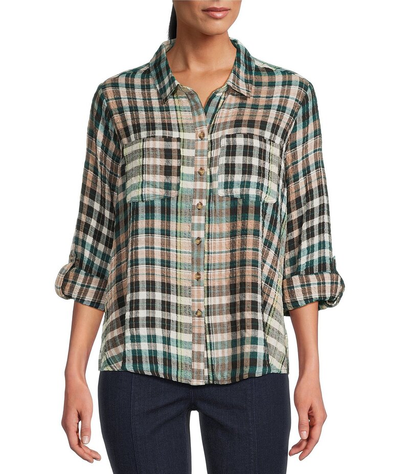 イントロ レディース トップス シャツ Intro Woven Pucker Plaid Cubb Point Collar 3/4 Rolled-Tab Sleeve Button Front Shirt Cubb チェック